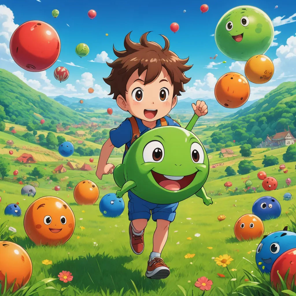a boy running through a field with lots of balls in the air and a green monster in the foreground, sots art, poster art, Akira Toriyama, anime key visual