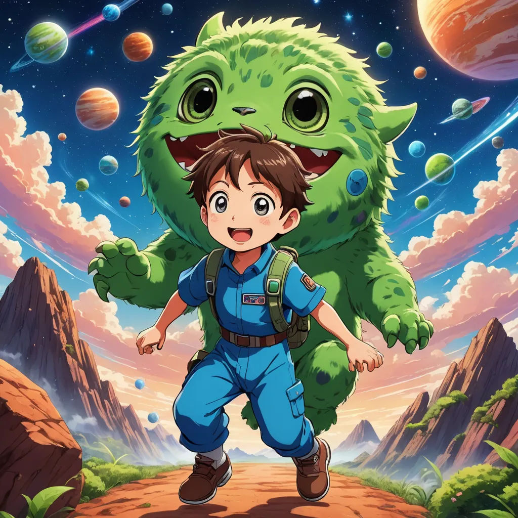 a boy in a blue jumpsuit and a green monster in the background with planets and stars in the sky, space art, poster art, Adam Manyoki, official art