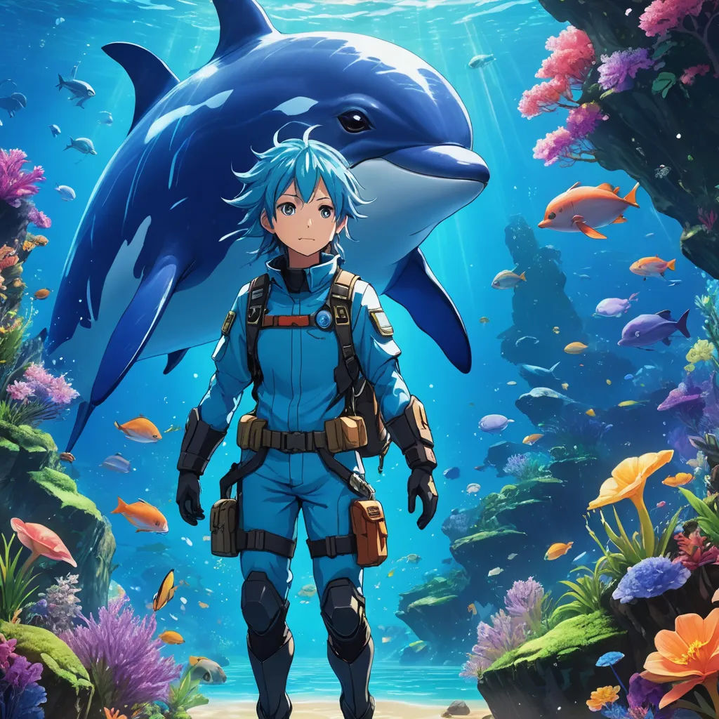 a man standing in front of a dolphin in a blue ocean with a helmet on and a scuba suit on, rayonism, concept art, Akira Toriyama, official art