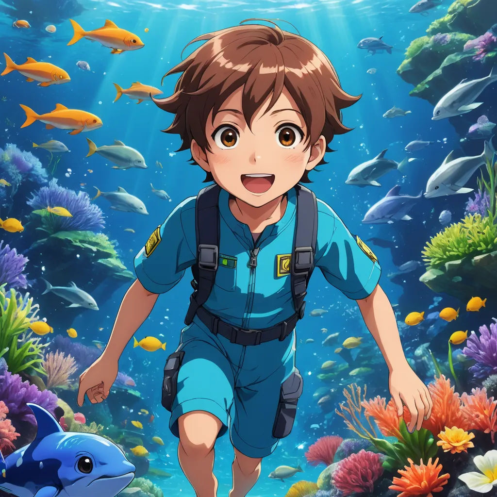 a boy in a blue suit is walking through the water with fish around him and a fish in the background, rayonism, poster art, Adam Manyoki, anime key visual