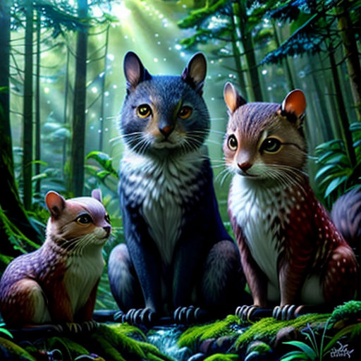 two cats sitting in the middle of a forest with a light shining on them and a forest background with ferns