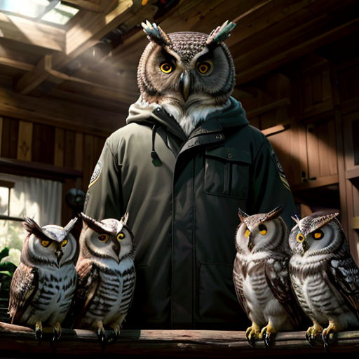 a man standing in front of three owls on a table in a room with wood paneling and a ceiling