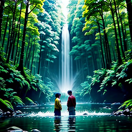 two people standing in a forest looking at a waterfall with a waterfall in the background and a forest with a waterfall in the foreground