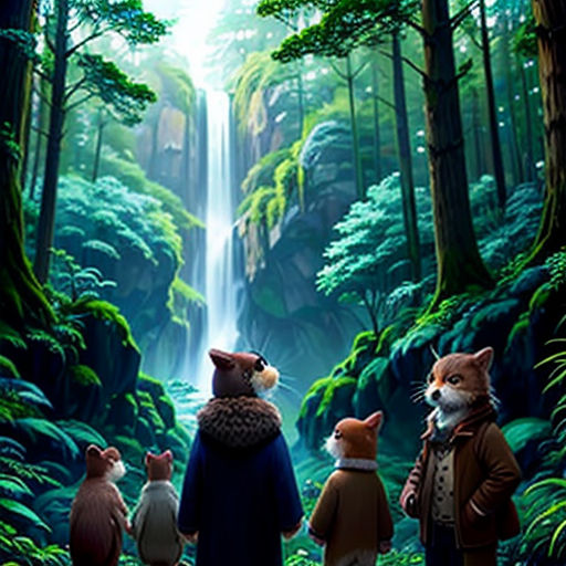 a group of animals standing in the middle of a forest next to a waterfall with a waterfall in the background