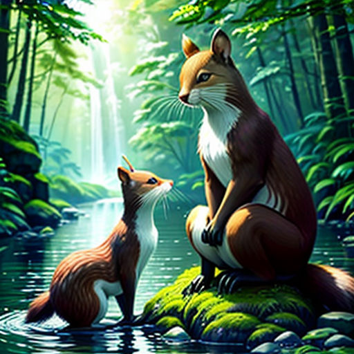 a fox and a fox cub sitting on a rock in the water in a forest with a waterfall in the background