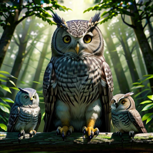 a painting of an owl with two owls sitting on a log in a forest with trees and foliage in the background