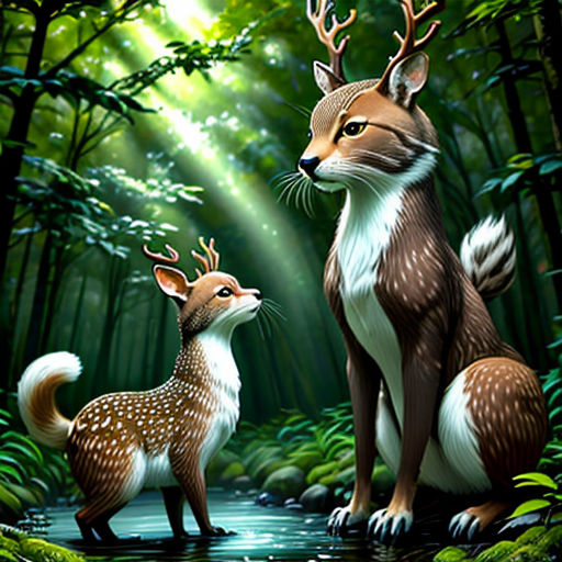 a painting of two deers in a forest with a stream of water and trees in the background, with sunlight streaming through the trees