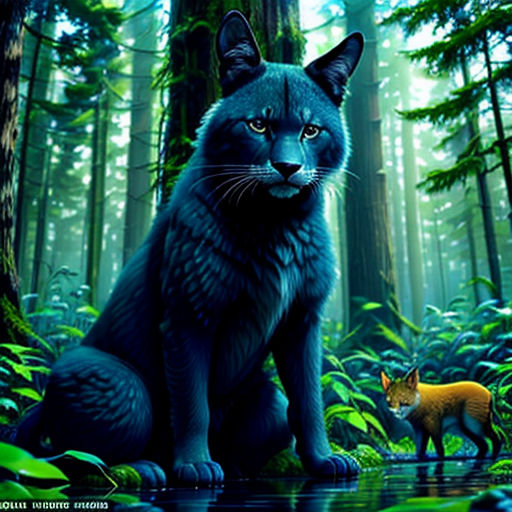 a painting of a cat and a fox in a forest with a pond of water and trees in the background