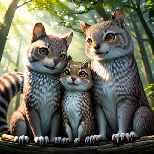 three cats sitting on a log in the woods with sunlight shining through the trees behind them and a cat sitting on the log
