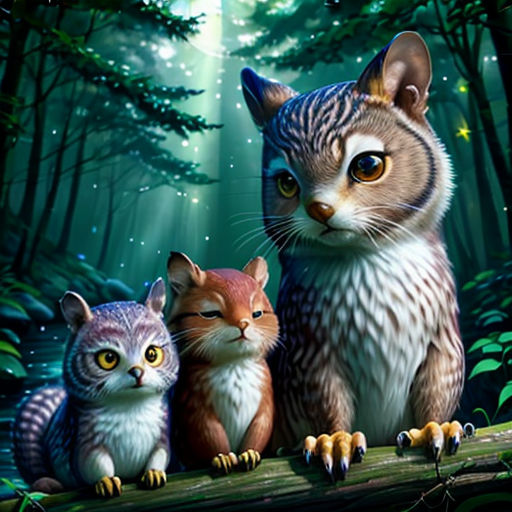 a painting of a cat and two kittens sitting on a log in the woods with a full moon in the background