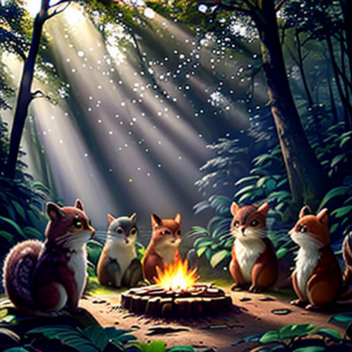 a painting of a forest with a fire pit and four foxes sitting around it, with the sun shining through the trees