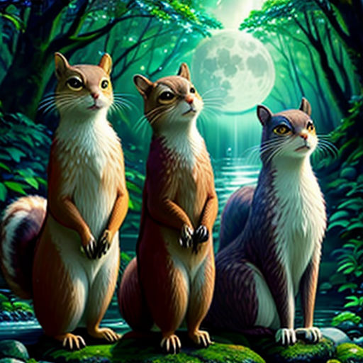 three cats sitting on a rock in the woods with a full moon in the background and a forest scene