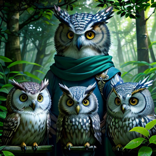 a painting of three owls wearing scarves and scarves in a forest with trees and leaves around them
