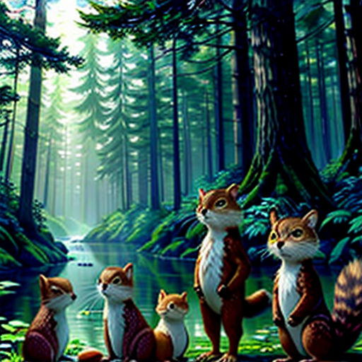 a painting of a forest with a group of cats sitting on the ground in front of a river and trees