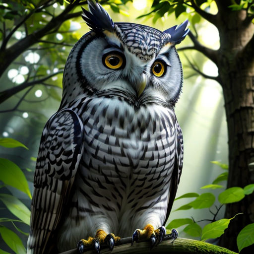 an owl is sitting on a branch in the forest with bright lights shining through the trees and leaves on the ground