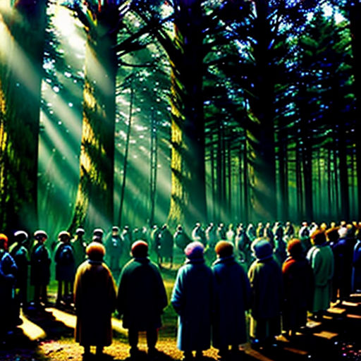 a group of people standing in a forest with sun shining through the trees and the sun shining through the trees