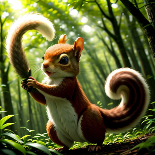 a squirrel holding a branch in a forest with trees and grass in the background, with a blurry background