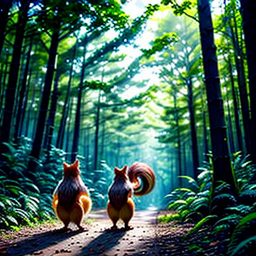 two red squirrels walking down a forest path in the sunlight with their tails curled up and tails curled up
