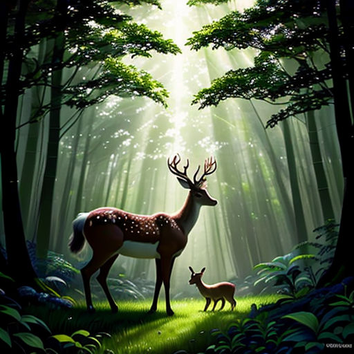 a deer and her baby in the forest with sunlight streaming through the trees and leaves on the ground,
