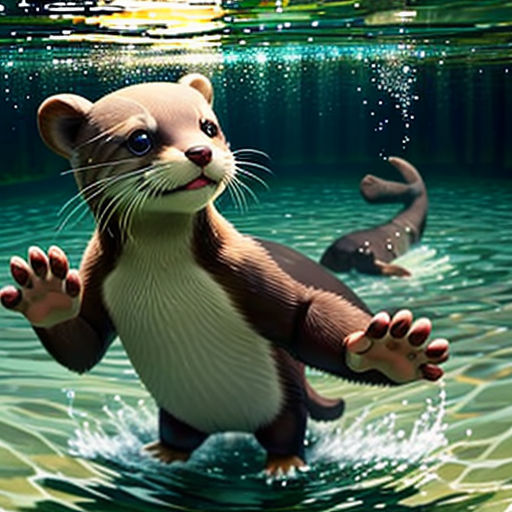 a cartoon otter is in the water with two otters in the background and a fish in the foreground