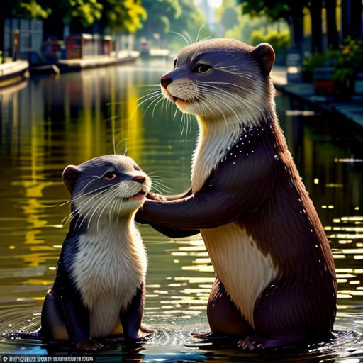 a couple of otters standing in the water together, with their hands on each other's back