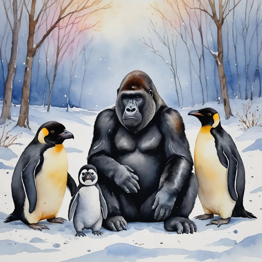 a painting of a gorilla and penguins in the snow with trees in the background and a sunset in the sky, primitivism, a storybook illustration, Alex Petruk APe, storybook illustration