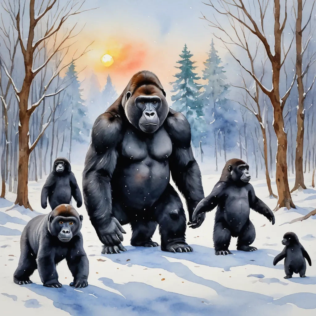 a group of gorillas standing in the snow with a baby gorilla in the foreground and a larger gorilla in the background, primitivism, a fine art painting, Alex Petruk APe, official art