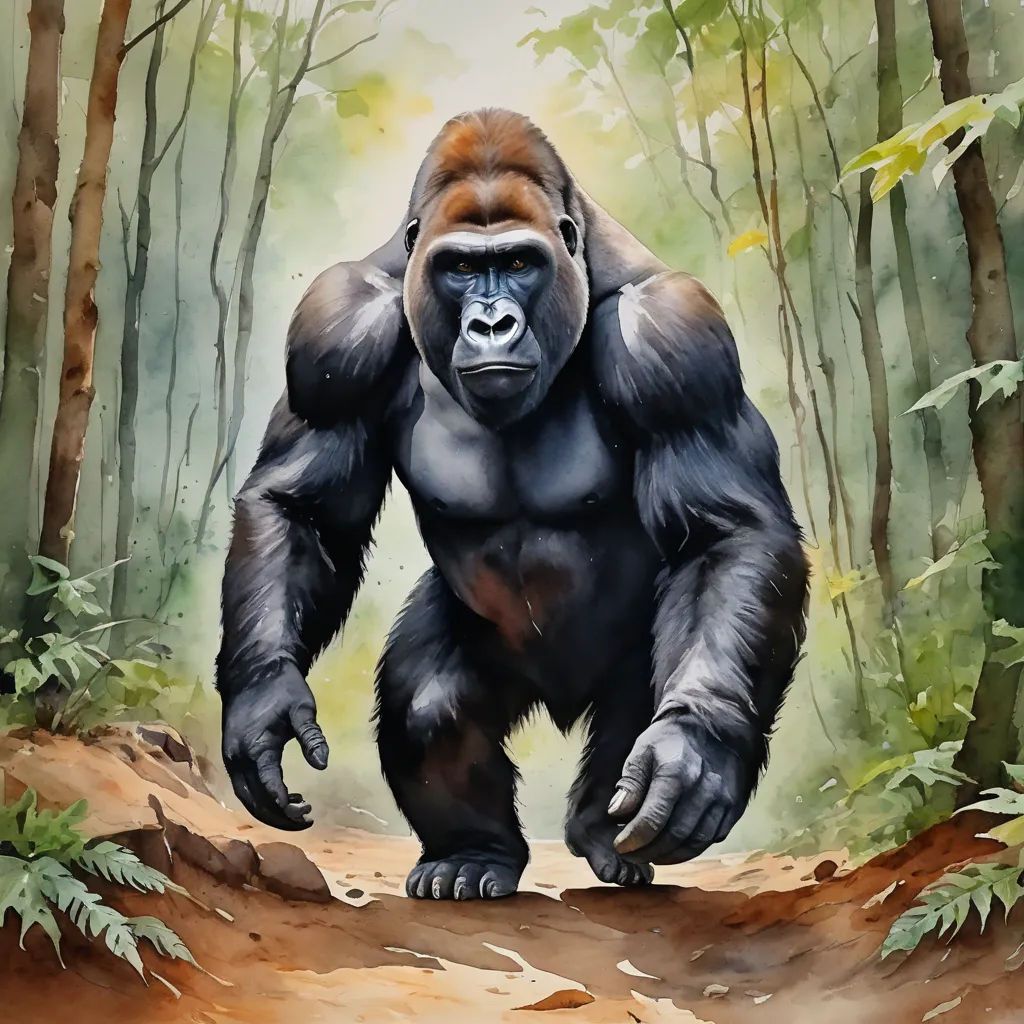 a painting of a gorilla in the middle of a forest with trees and leaves on the ground and a path leading to the ground, primitivism, a digital painting, Alex Petruk APe, professional digital painting