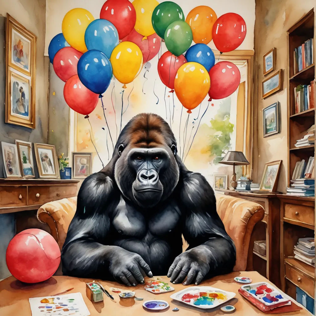 a gorilla sitting at a table with balloons in the air above it and a painting of a gorilla on the table, fantastic realism, a painting, Esao Andrews, painting