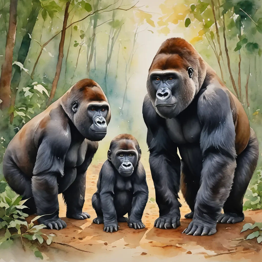 a painting of a mother gorilla and her two babies in the forest with trees and foliage in the background, figurative art, an oil painting, Alex Petruk APe, professional digital painting