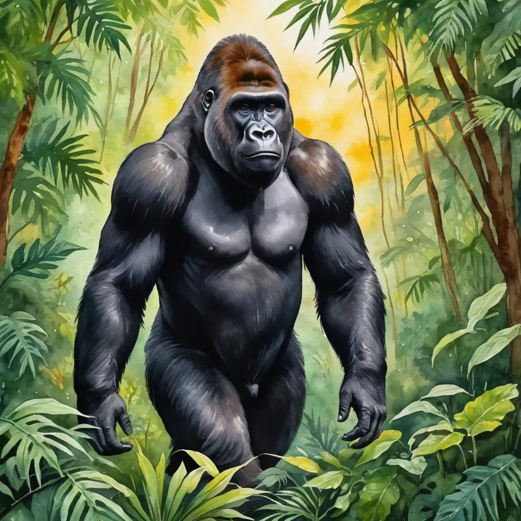a gorilla standing in the middle of a jungle with trees and plants around it, with a yellow sun in the background, primitivism, a digital painting, Alex Petruk APe, professional digital painting