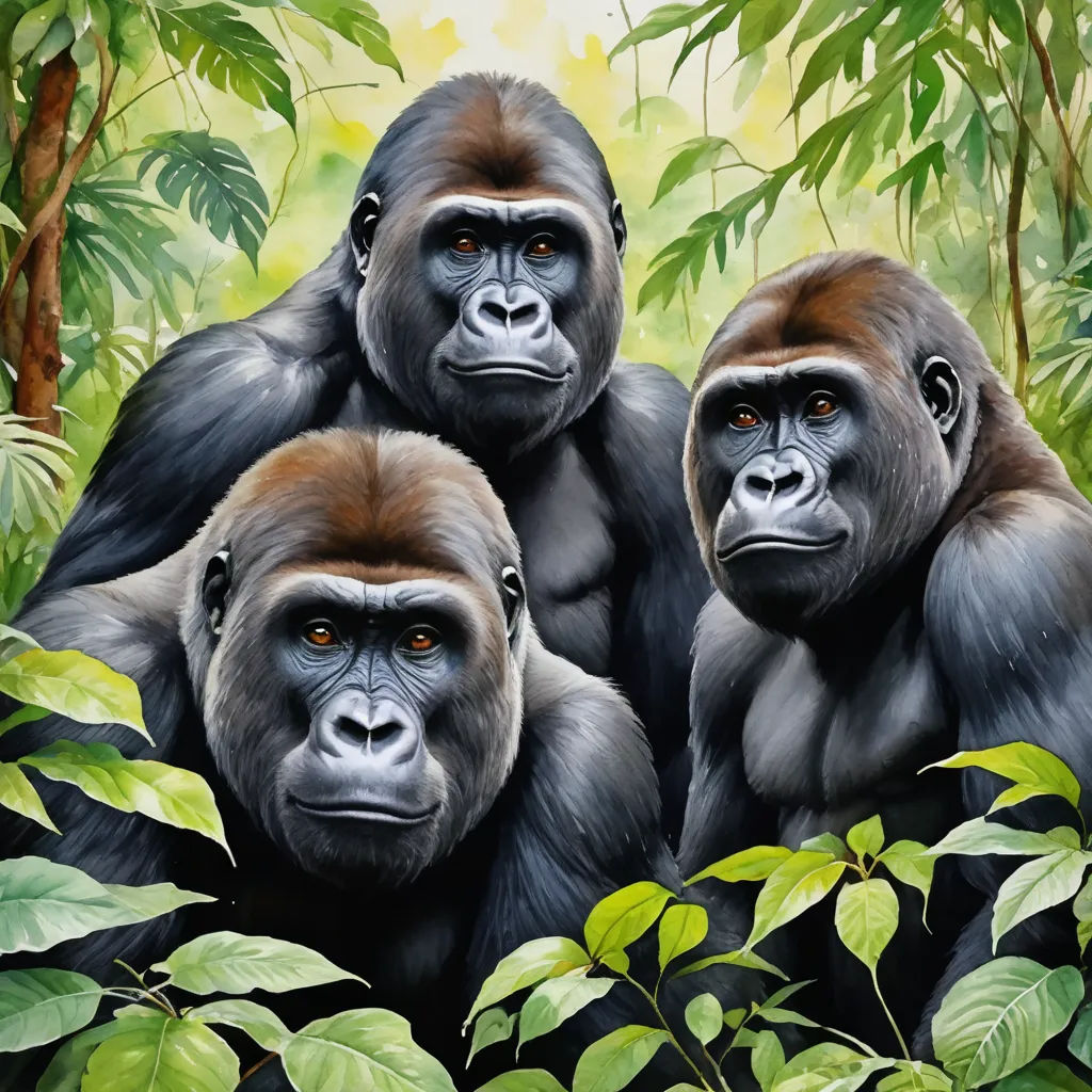 three gorillas are sitting in the jungle together, with one looking at the camera and the other looking at the camera, sumatraism, an oil painting, Alex Petruk APe, highly detailed digital painting