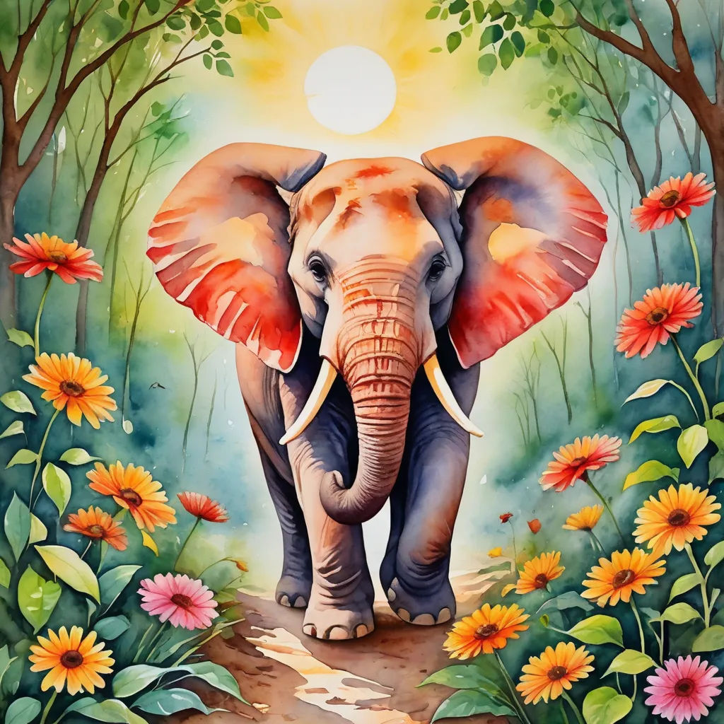 a painting of an elephant walking through a forest with flowers and trees around it, with the sun shining on the elephant, naive art, an airbrush painting, Chris LaBrooy, in gouache detailed paintings