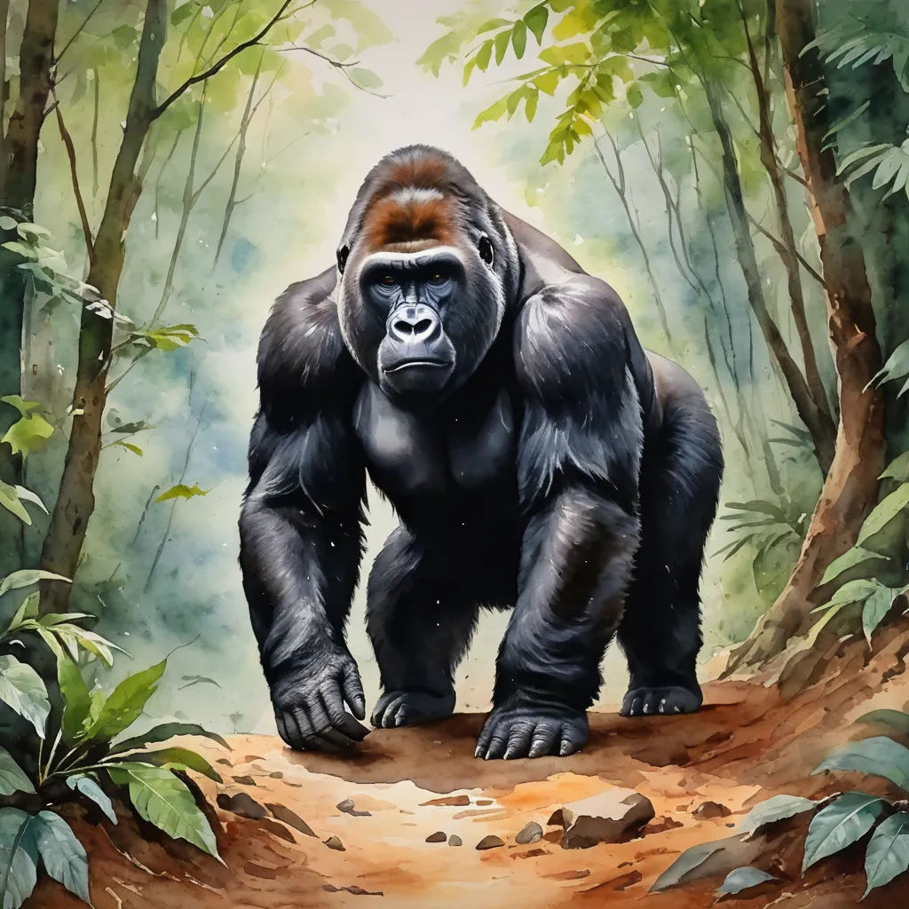 a painting of a gorilla standing in the middle of a forest with trees and rocks on the ground and a path leading to the ground, sumatraism, a digital painting, Alex Petruk APe, highly detailed digital painting