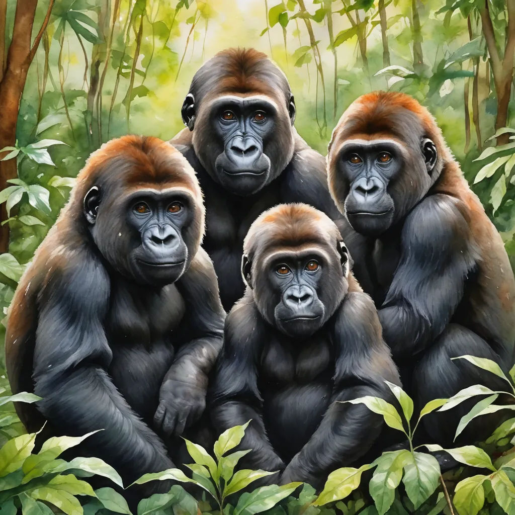 a group of monkeys sitting in the middle of a forest with trees and leaves around them, with a bright light shining on the top of the picture, figurative art, an oil painting, Alex Petruk APe, highly detailed oil painting