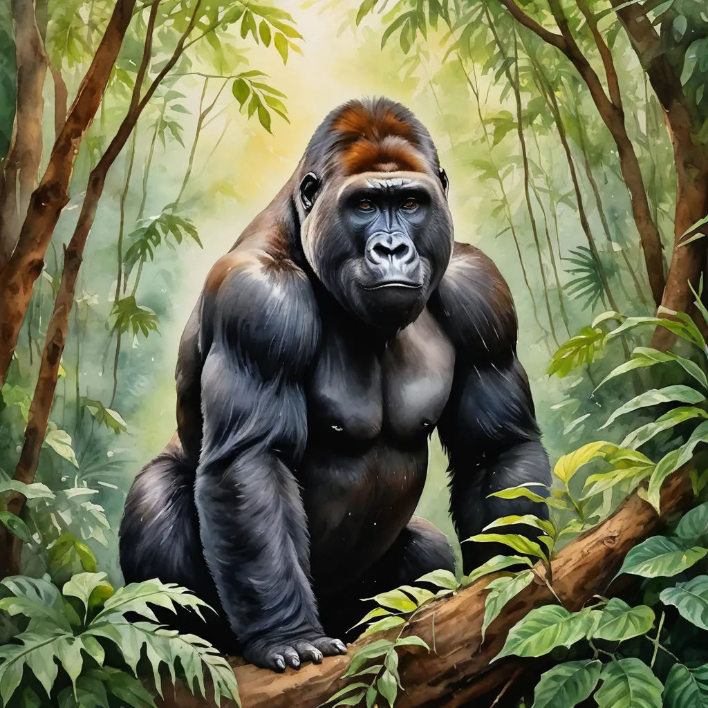 a gorilla sitting on a tree branch in a forest with green leaves and trees around it, with a bright light shining on the gorilla, primitivism, a digital painting, Alex Petruk APe, highly detailed digital painting