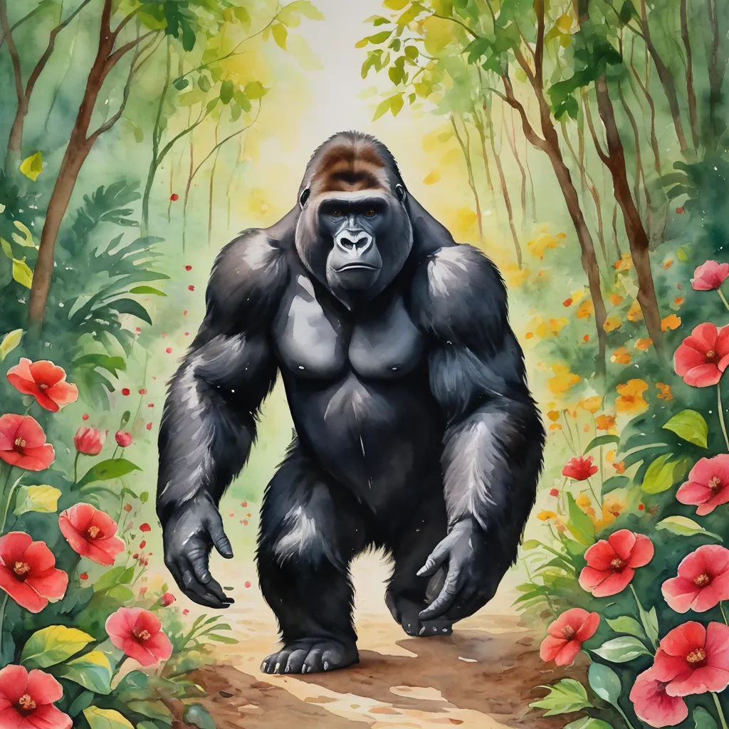 a gorilla standing in a forest with red flowers and trees around it, with a bright light coming from behind it, primitivism, a digital painting, Alex Petruk APe, official art