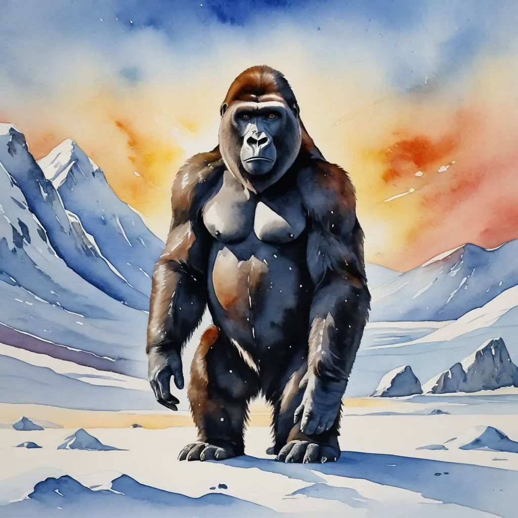 a painting of a gorilla standing in the snow with mountains in the background and a sky with clouds and snow, figurative art, an airbrush painting, Alex Petruk APe, walton ford