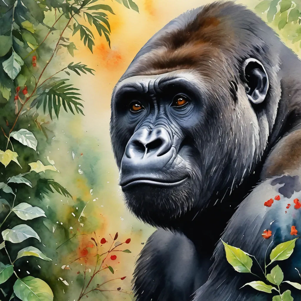 a painting of a gorilla with leaves and berries on it's chest and chest, with a yellow background, figurative art, an airbrush painting, Alex Petruk APe, highly detailed digital painting