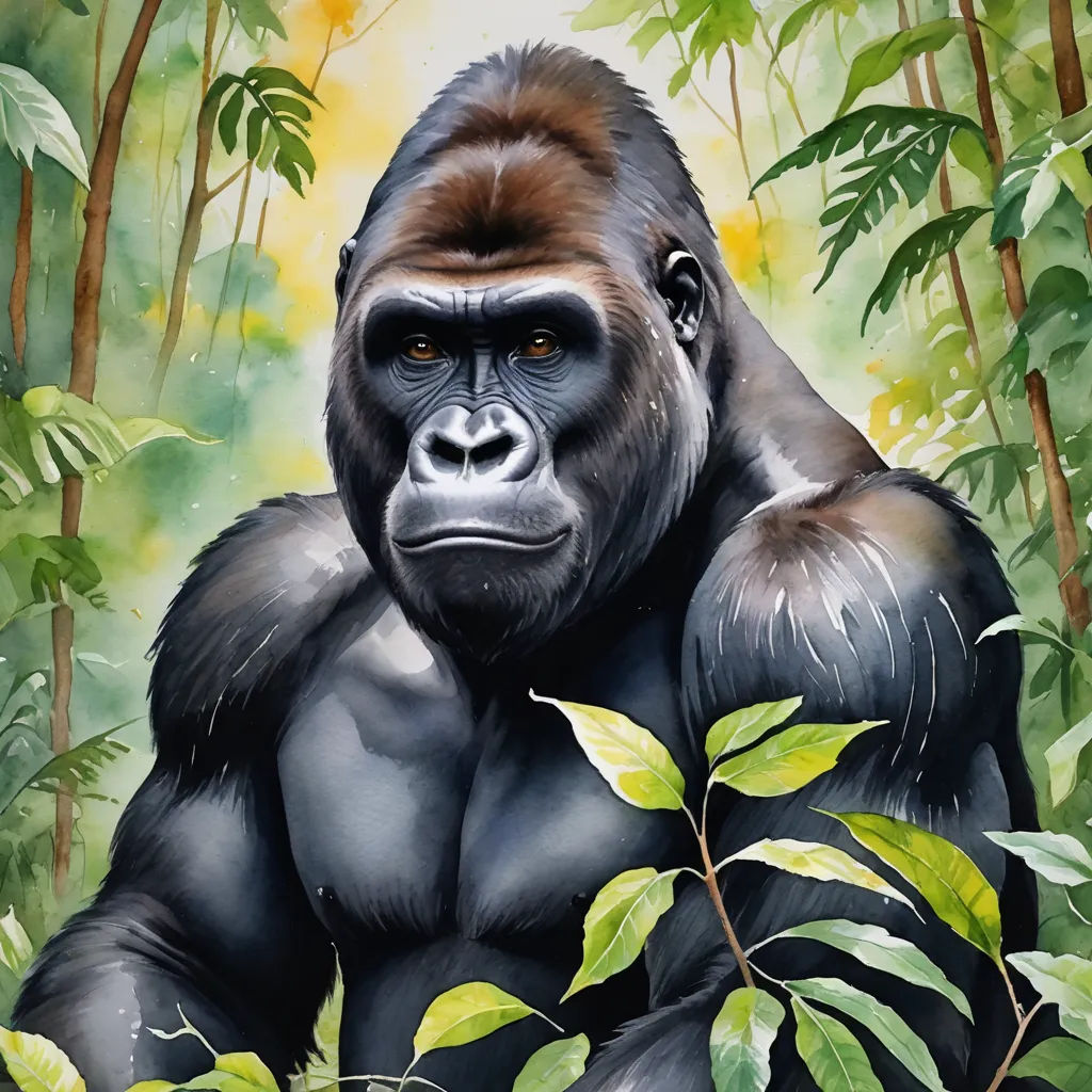 a gorilla is sitting in the middle of a jungle with green leaves and a yellow background with a yellow sun, primitivism, an oil painting, Alex Petruk APe, painting