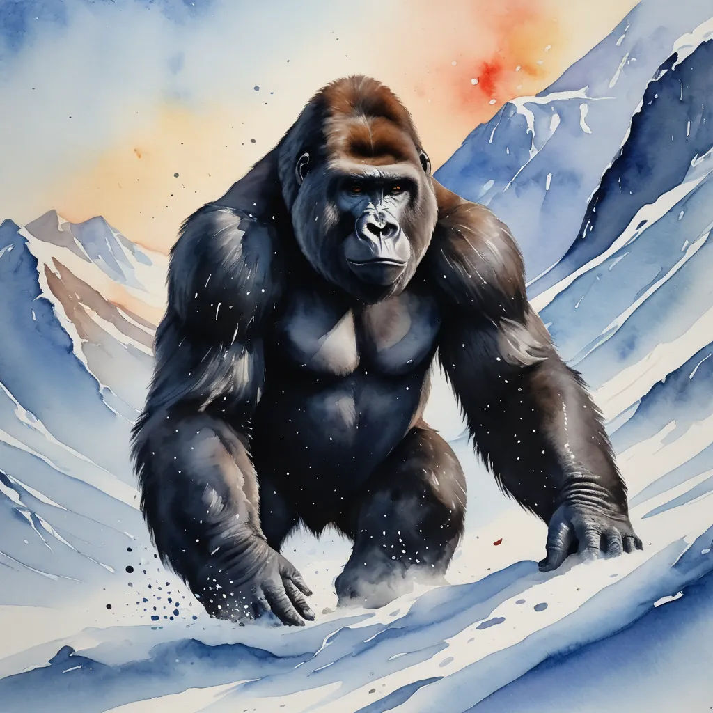 a painting of a gorilla standing on a snowy mountain side with a sunset in the background and a mountain range in the foreground, figurative art, an airbrush painting, Alex Petruk APe, airbrush on canvas