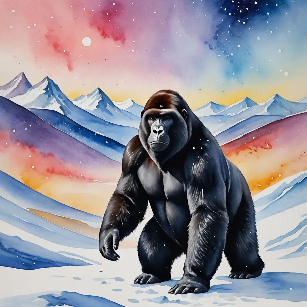 a painting of a gorilla standing in the snow with mountains in the background and a colorful sky with stars, primitivism, an airbrush painting, Alex Petruk APe, official art