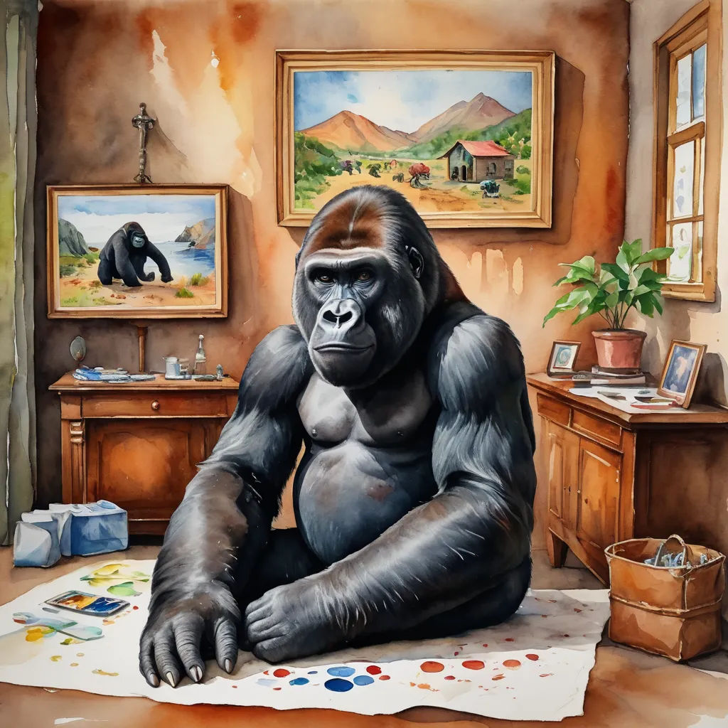 a gorilla sitting on a table in front of a painting of a mountain scene and a painting of a gorilla, figurative art, a watercolor painting, Alex Petruk APe, painting