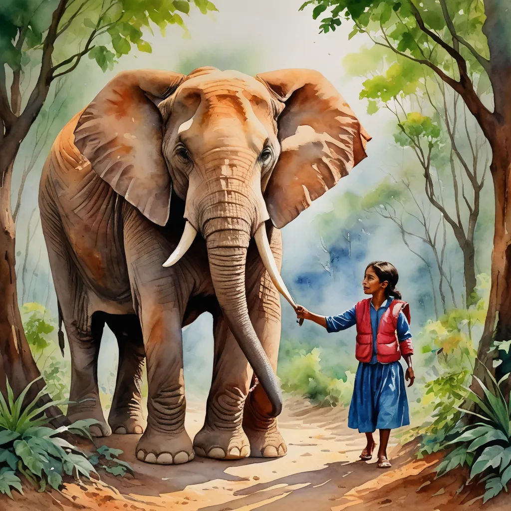 a painting of a woman holding the trunk of an elephant's trunk while standing in a forest with trees, magical realism, a storybook illustration, Bob Ringwood, storybook illustration