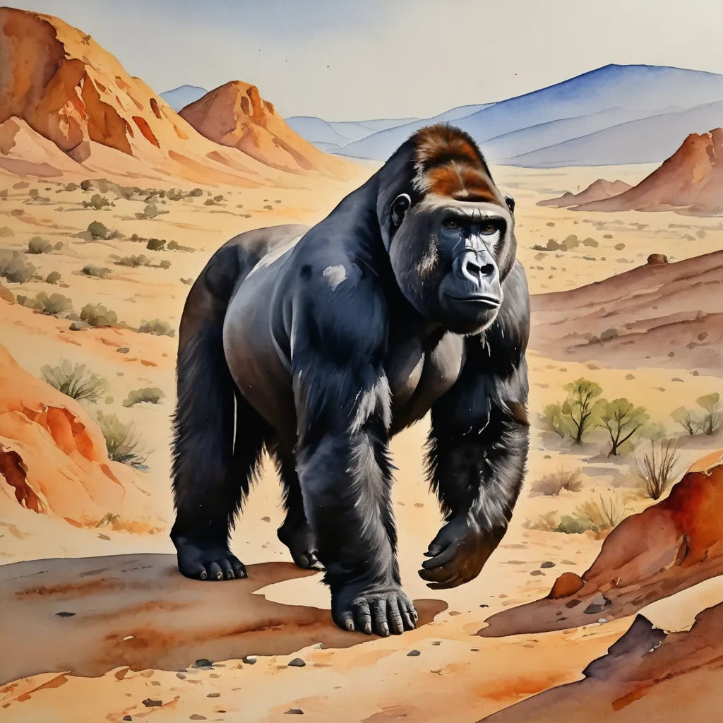 a painting of a gorilla walking across a desert landscape with mountains in the background and a sky background with clouds, figurative art, an airbrush painting, Alex Petruk APe, walton ford