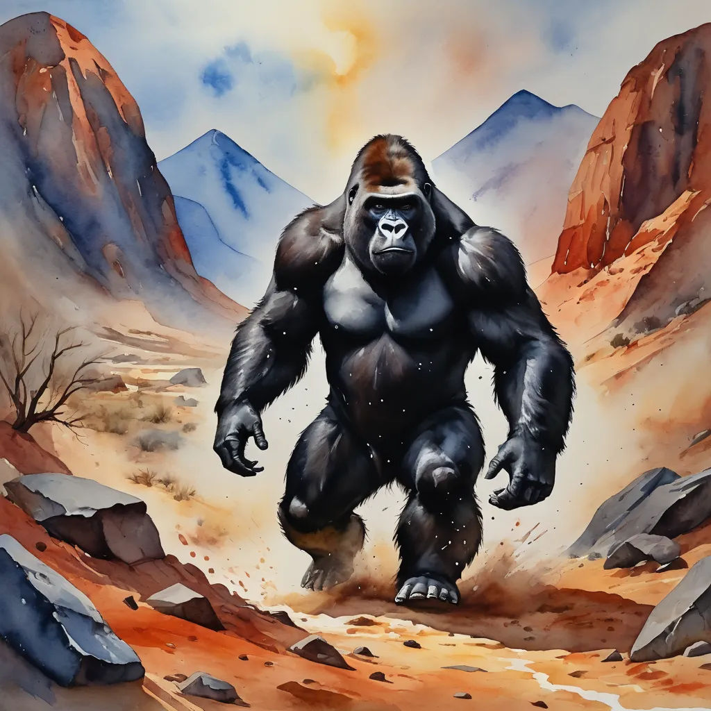 a painting of a gorilla in the desert with mountains in the background and a sky background with clouds and a few clouds, figurative art, an airbrush painting, Boris Vallejo, frazetta