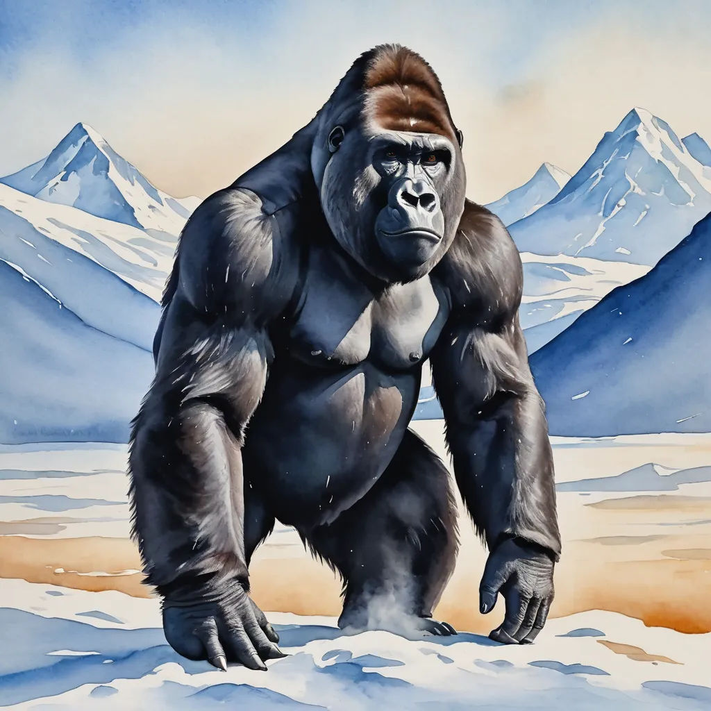 a painting of a gorilla standing in the snow with mountains in the background and a sky background with clouds, figurative art, an airbrush painting, Boris Vallejo, walton ford