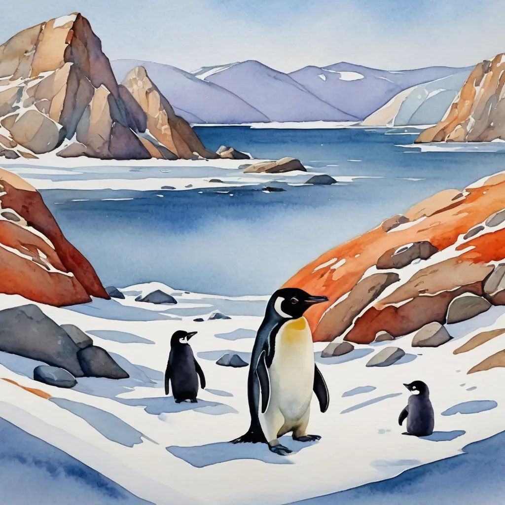 a painting of penguins in the snow near a mountain lake and a mountain range with snow on the ground, environmental art, a watercolor painting, Cliff Childs, watercolor