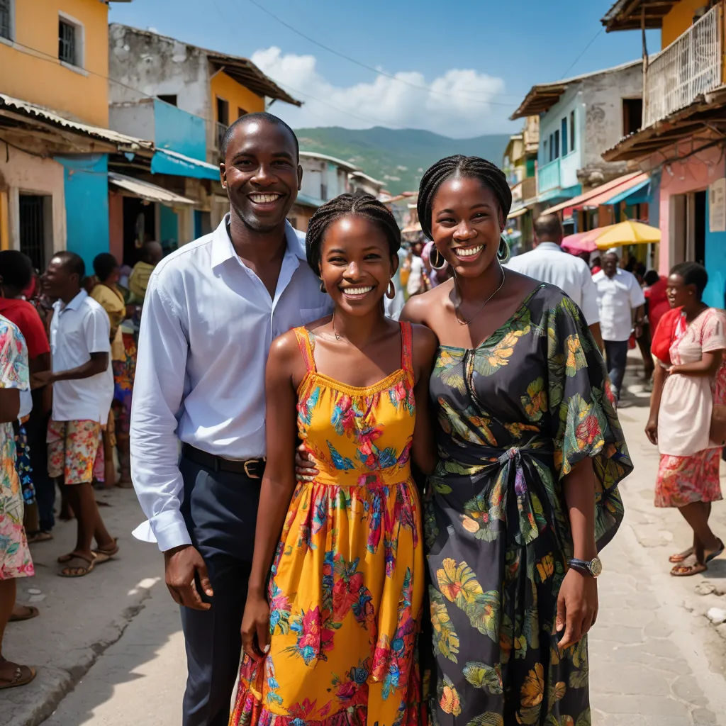 a man and two women standing in front of a crowd of people in a village with a mountain in the background, black arts movement, a photocopy, Bernard Accama, promotional image