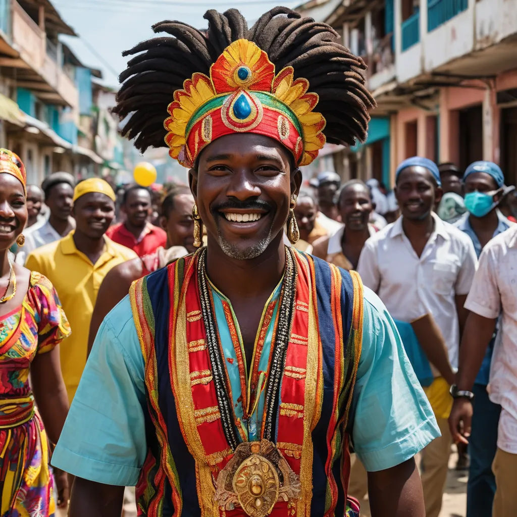 a man with a colorful headdress and a smile on his face in front of a group of people, afrofuturism, a character portrait, Bernard Accama, movie still